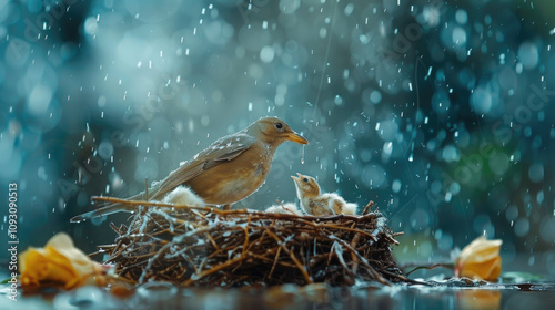 Mother Bird Feeding Chick in Nest During Rainfall with Blurred Background and Falling Raindrops