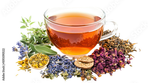 A glass cup of tea surrounded by various dried herbs and flowers Transparant background, png