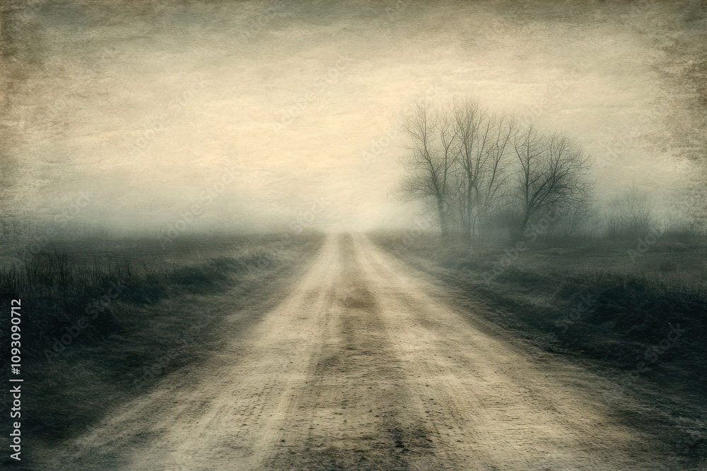 Foggy Country Road Winding Through Winter Landscape Foggy Country Road Winding Through Winter Landscape