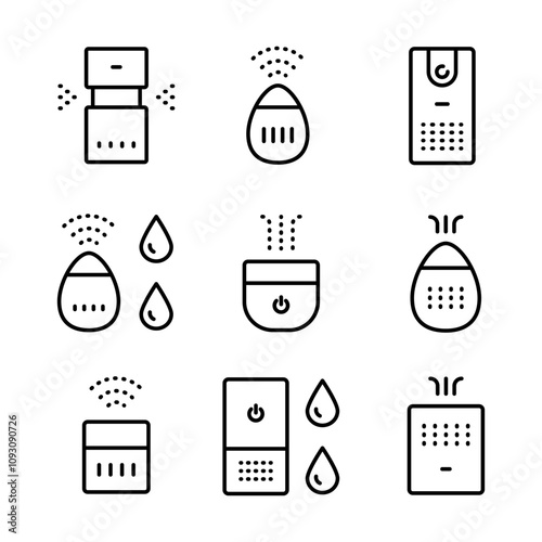 Air purifier and humidifier machine icon sets. Home device for air purification filtering. Electronic devices. Home climate. Moisture content. Simple line Air Humidifier icon