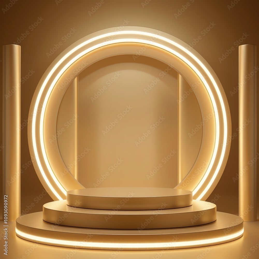 A 3D rendering of a minimalist podium with a golden rim and a light brown background. The podium is made of three tiers and has a golden accent A 3D rendering of a minimalist podium with a golden rim and a light brown background. The podium is made of three tiers and has a golden accent