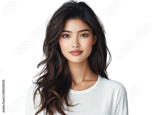Radiant portrait of a woman with long, flowing brown hair, captivating image of natural beauty and timeless elegance