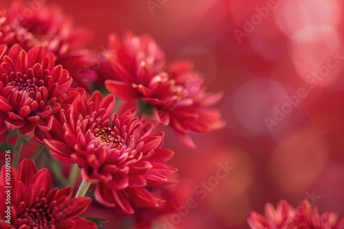 Closeup of vibrant red chrysanthemum flowers, soft focus background.