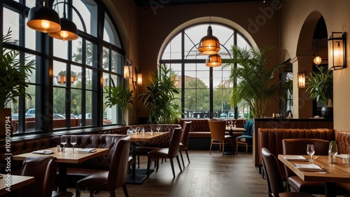 Here's a description and keywords for your stock photo.. Elegant restaurant interior with large windows, leather booths, and warm lighting.