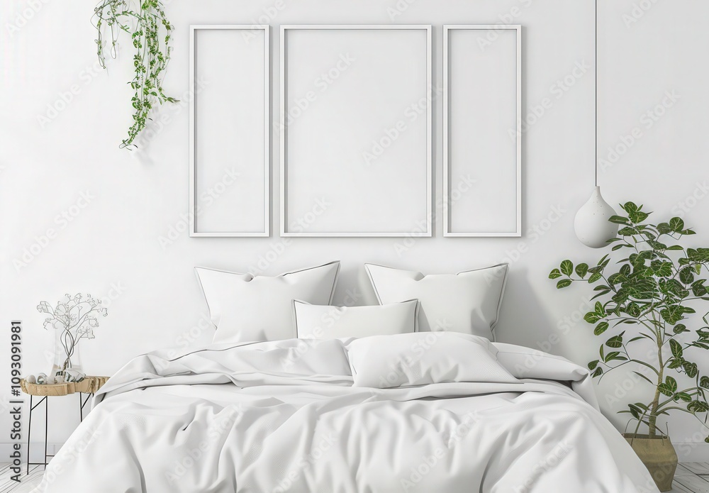 Minimalist bedroom interior with a large blank frame above a bed with white bedding. The room is bathed in soft natural light Minimalist bedroom interior with a large blank frame above a bed with white bedding. The room is bathed in soft natural light