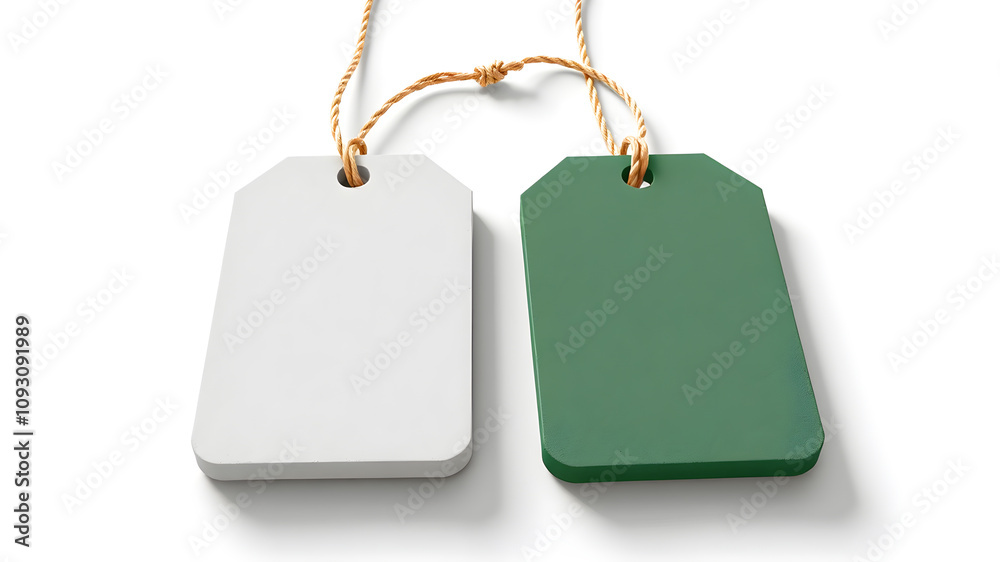 Fototapeta premium Paper grey and green tags on white background.