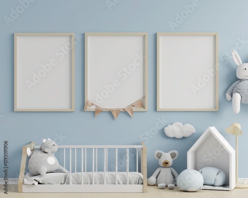 Three blank picture frames in a light blue room with a bunny and teddy bear toys