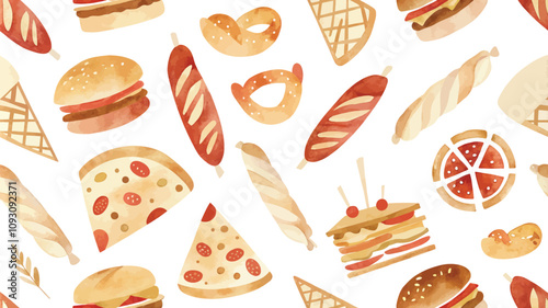 Seamless pattern with watercolor fast food. Vector illustration.