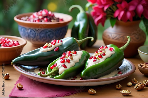 Chiles en nogada, (poblano chilies) beautifully stuffed with a rich mixture of meat, fruits, and nuts, decadently topped with creamy walnut sauce, garnished with bright pomegranate seeds photo