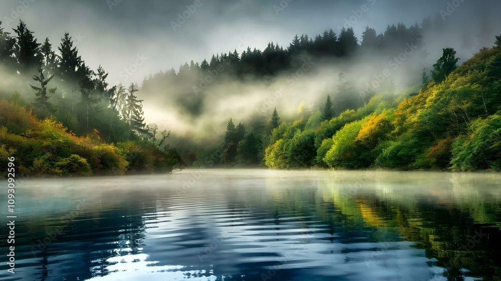 Fototapeta premium Tranquil Morning Reflections: Lush Forest and Misty Waters Create a Serene Atmosphere