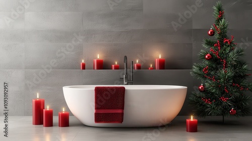Home decorations in Christmas, Elegant bathroom with candles and Christmas tree.