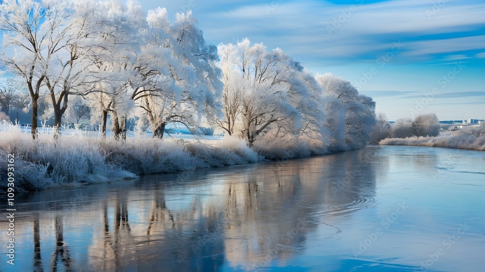 Winter Serenity: Frost-Covered Trees and Calm Waters Reflecting a Beautiful Blue Sky in a Tranquil Landscape Winter Serenity: Frost-Covered Trees and Calm Waters Reflecting a Beautiful Blue Sky in a Tranquil Landscape
