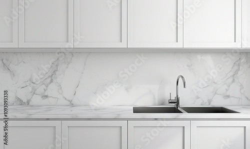 Minimalist kitchen countertop with white cabinets, marble backsplash, a chrome faucet, and a soap dispenser