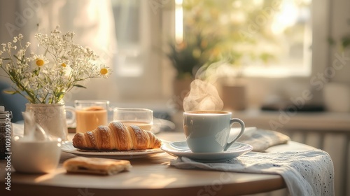 Wallpaper Mural A table with a plate of croissants, a cup of coffee, and a vase of flowers Torontodigital.ca