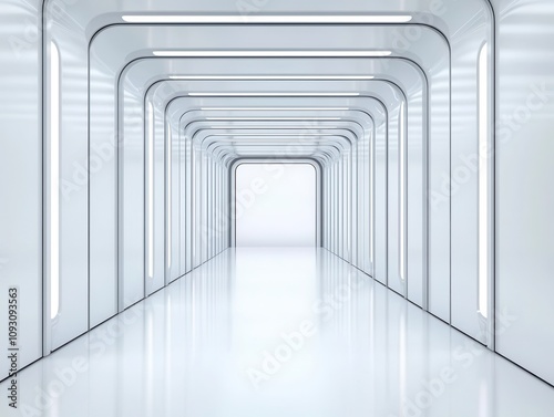 Bright futuristic hallway featuring sleek white walls, glowing linear lights, and a seamless minimalist design with a reflective floor.