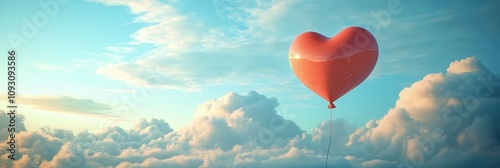 Bright red heart balloon floating among fluffy clouds in a serene blue sky at sunset