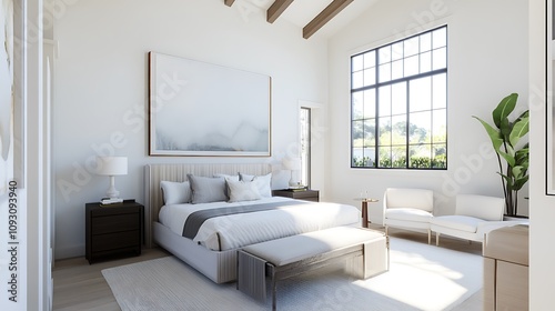 Modern Bedroom Design With Large Window And Artwork