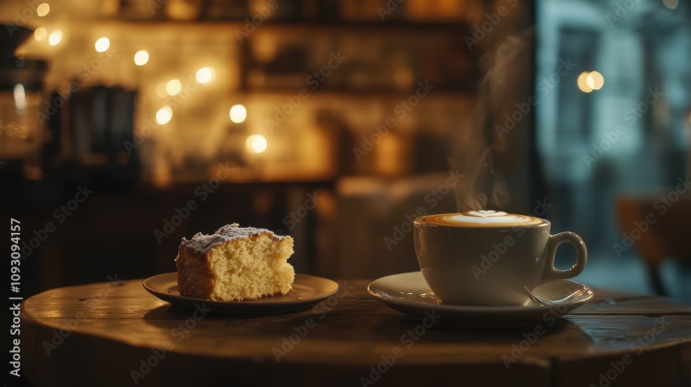 A plate of cake and a cup of coffee sit on a wooden table A plate of cake and a cup of coffee sit on a wooden table
