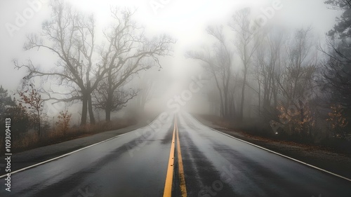 Misty Road Through the Woods: A Dark and Atmospheric Scene Capturing the Essence of a Foggy Journey