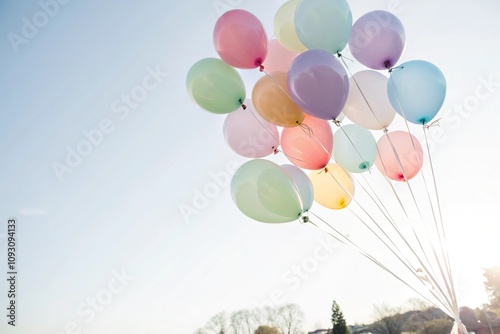 Delicate rainbow colored balloons floating in mid air, feathery look, ethereal, floaty appearance, weightless balloon photo