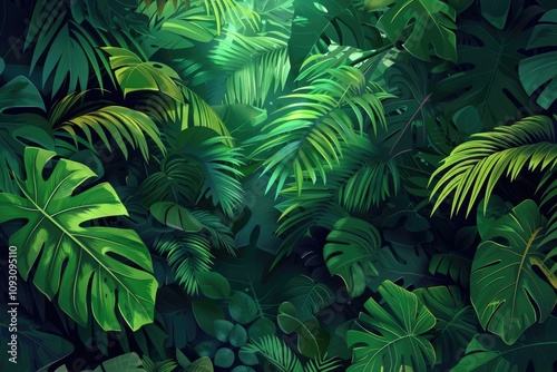 Lush tropical foliage, vibrant green leaves densely packed, creating a junglelike atmosphere. photo