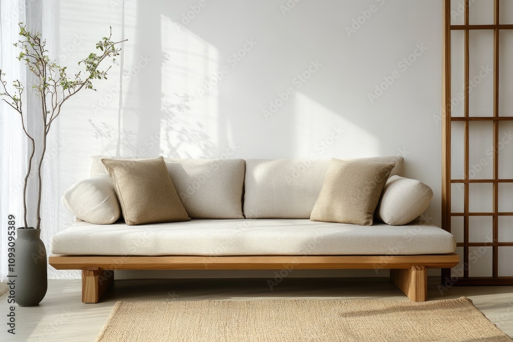 Fototapeta premium Modern Minimalist Living Room Interior Design with Japanese Zen Aesthetics