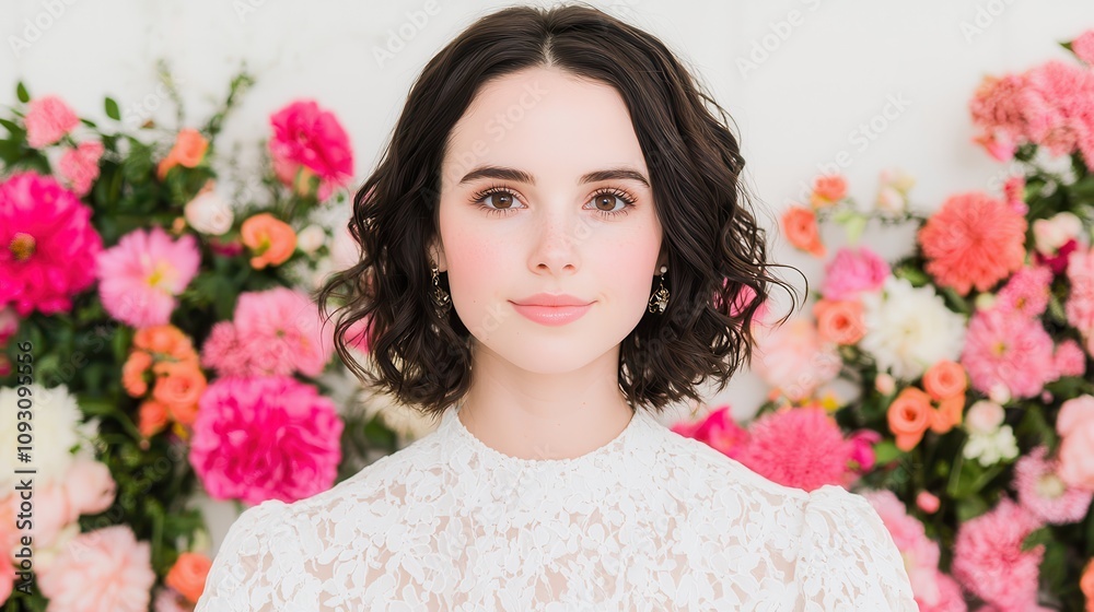 Young woman with shoulder-length curly hair, wearing a white lace dress, posing amid a vibrant floral backdrop filled with pink, red, and orange flowers Young woman with shoulder-length curly hair, wearing a white lace dress, posing amid a vibrant floral backdrop filled with pink, red, and orange flowers