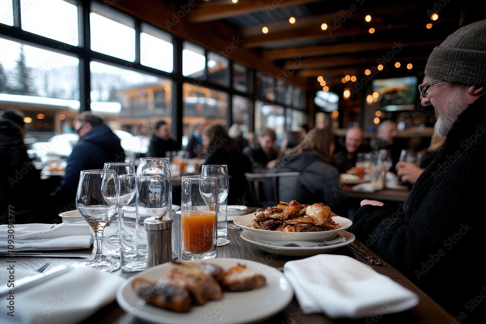 A cozy dining setting where friends enjoy hearty meals together, highlighting a warm atmosphere filled with laughter and delicious food amidst a snowy backdrop. A cozy dining setting where friends enjoy hearty meals together, highlighting a warm atmosphere filled with laughter and delicious food amidst a snowy backdrop.