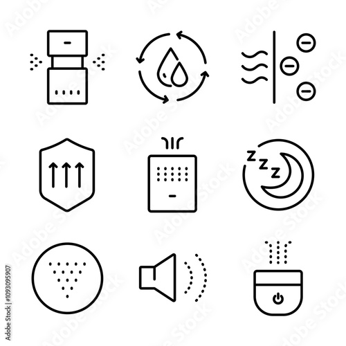 Air purifier and humidifier machine icon sets. Home device for air purification filtering. Electronic devices. Home climate. Moisture content. Simple line Air Humidifier icon