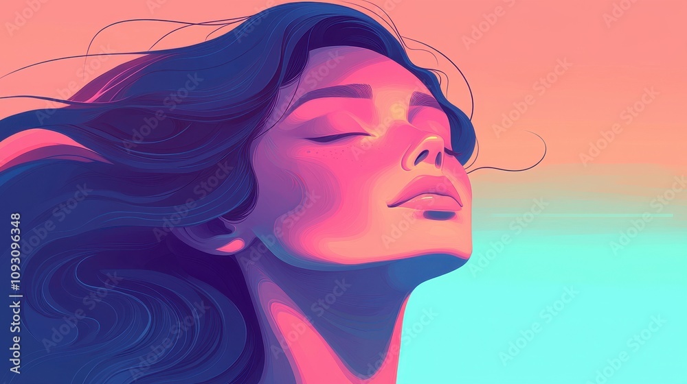 Serene Portrait of a Young Woman with Flowing Hair Against a Colorful Gradient Background, Capturing Tranquility and Natural Beauty in a Stylized Illustration