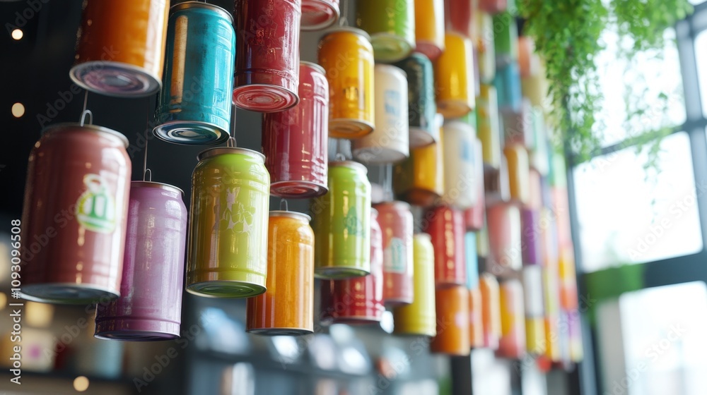 Tin Can Day Colorful recycled tin can art display in vibrant modern cafe interior design Tin Can Day Colorful recycled tin can art display in vibrant modern cafe interior design