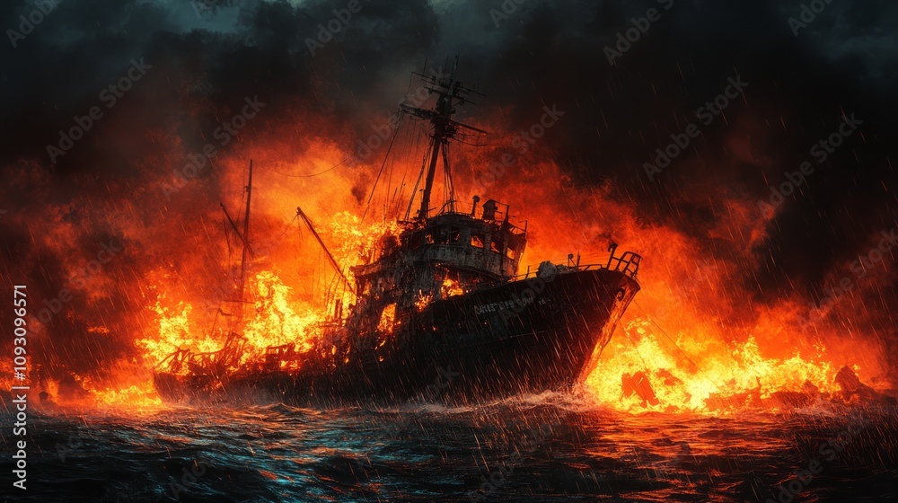 Obraz premium Burning ship engulfed in flames amidst a stormy sea at night.