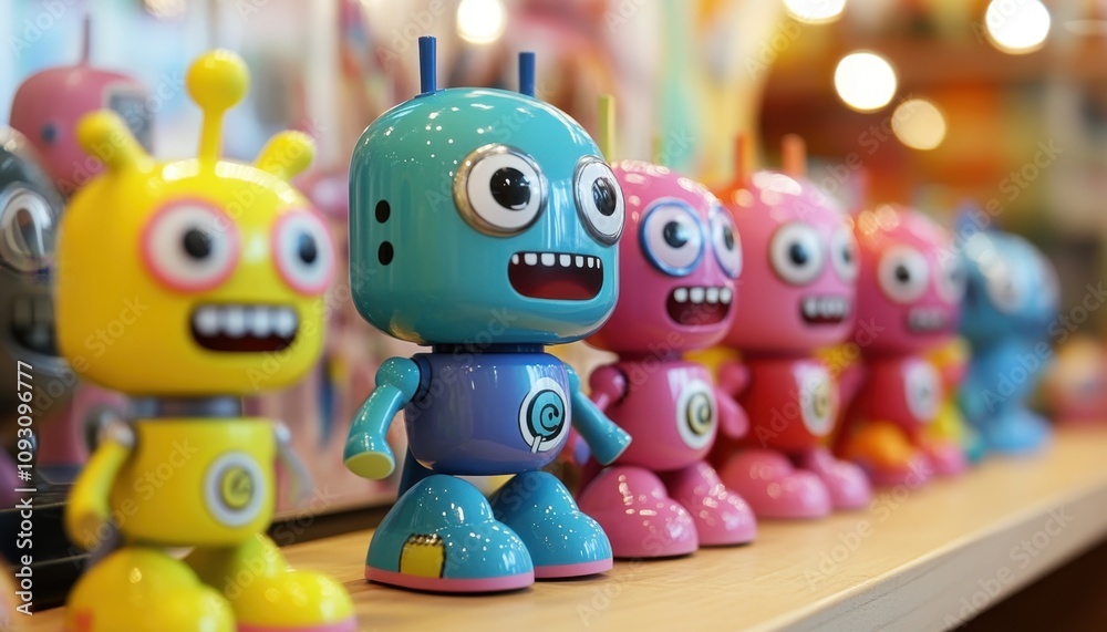 Stupid Toy Day Colorful robot toys display on shelf in toy store with bright lighting Stupid Toy Day Colorful robot toys display on shelf in toy store with bright lighting