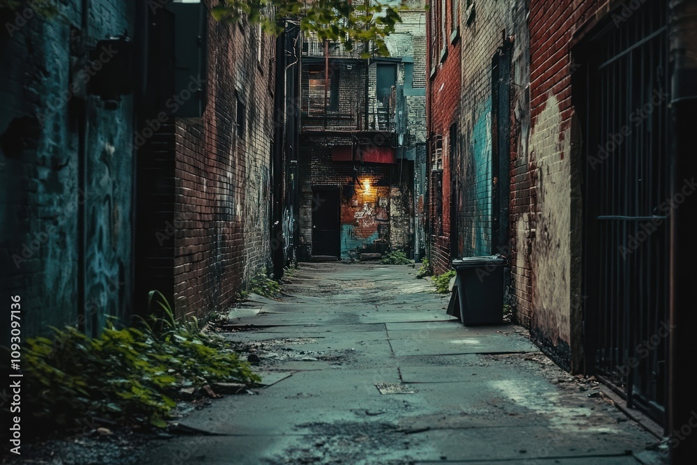 Fototapeta premium Dark Urban Alleyway Brick Walls Graffiti Trash Can