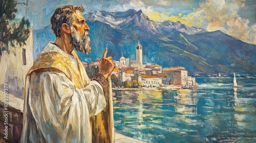 St. Clement of Ohrid Serene moment by the sea with saintly figure in italian landscape