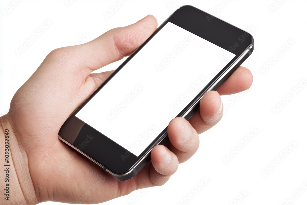 person using phone, blank screen on white background person using phone, blank screen on white background