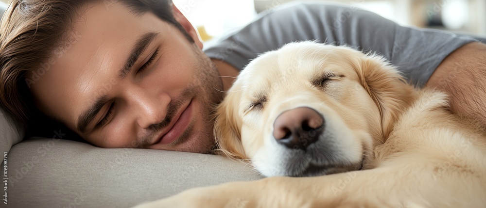 A pet owner cuddling with their dog on a comfortable couch A pet owner cuddling with their dog on a comfortable couch