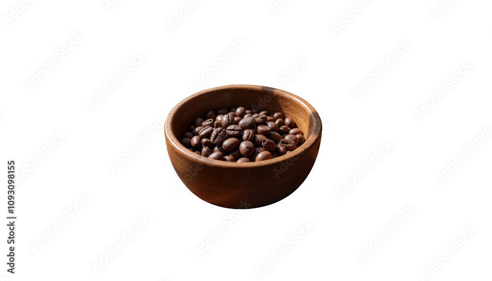 Wooden bowl filled with roasted coffee beans on a white background for culinary and coffee concepts Wooden bowl filled with roasted coffee beans on a white background for culinary and coffee concepts