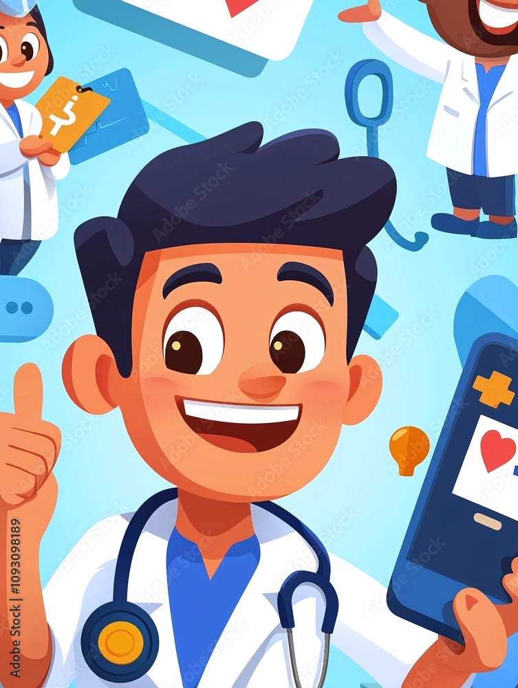 Cheerful Doctor with Stethoscope and Smartphone. Cheerful Doctor with Stethoscope and Smartphone.
