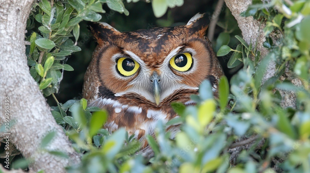 A majestic owl is nestled within dense green leaves, its bright yellow eyes surveying the area. The soft morning light enhances its beautiful feathers
