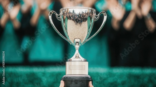 Hand Holding Trophy in Celebration, Symbolizing Victory and Achievement at an Award Ceremony with Audience Applauding in the Background photo