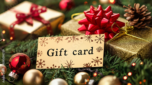 Gift card for a Christmas holidays. Nicely decorated voucher with xmas decorations, perfect present for winter holidays. Green and gold colors.