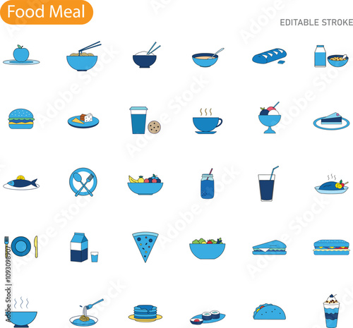 Diverse Food Meal Icons Breakfast, Lunch, Dinner, Snacks, Drinks
