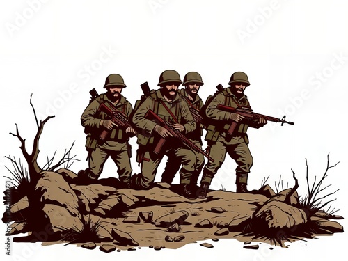 soldiers with rifles standing on a hill with rocks and trees. photo