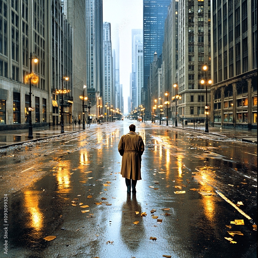 Lonely Figure Walking Through Wet City Street. Lonely Figure Walking Through Wet City Street.