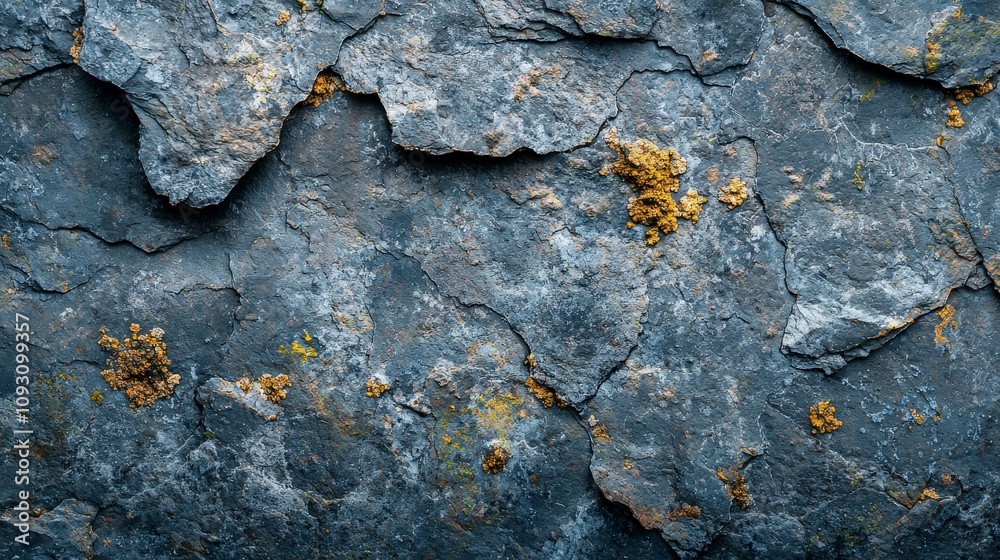 A weathered rocky surface adorned with small patches of golden lichen, capturing the essence of nature's artistry and timeless geological features. A weathered rocky surface adorned with small patches of golden lichen, capturing the essence of nature's artistry and timeless geological features.