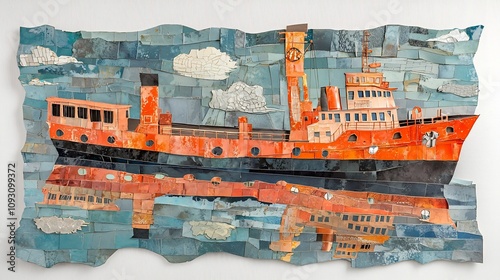 Whimsical paper cut depiction of a navy vessel docked at a harbor with intricate layered water textures and reflections photo