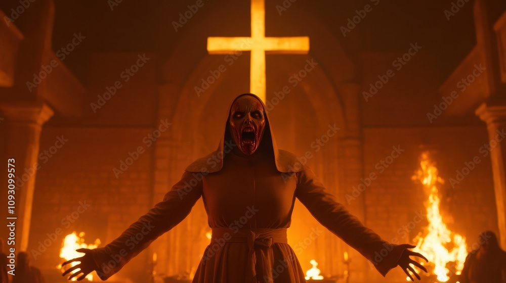 Fototapeta premium Chilling horror scene sinister figure in dark setting, clad in monastic robe with an exaggerated, terror-filled expression.