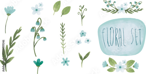 Watercolor Flowers and leaves set, floral watercolor illustration for greeting card, invitation, printing and design. Set watercolor of wild flowers, leaves and grass. Collection botanic garden