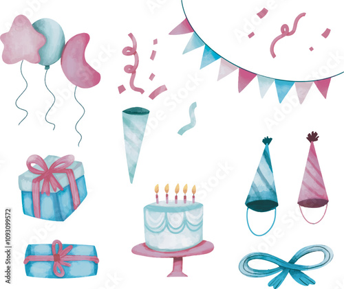 Hand drawn clip art set of birthday party with cake, balloons, candles, flags garland, watercolor illustrations, blue and pink birthday party clip art, birthday essentials, birthday design elements
